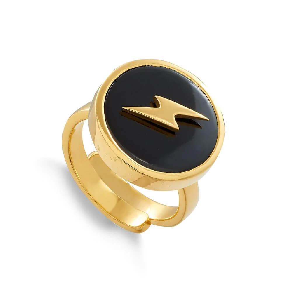 SVP Stellar Lightning Black Quartz Gold Adjustable Ring
